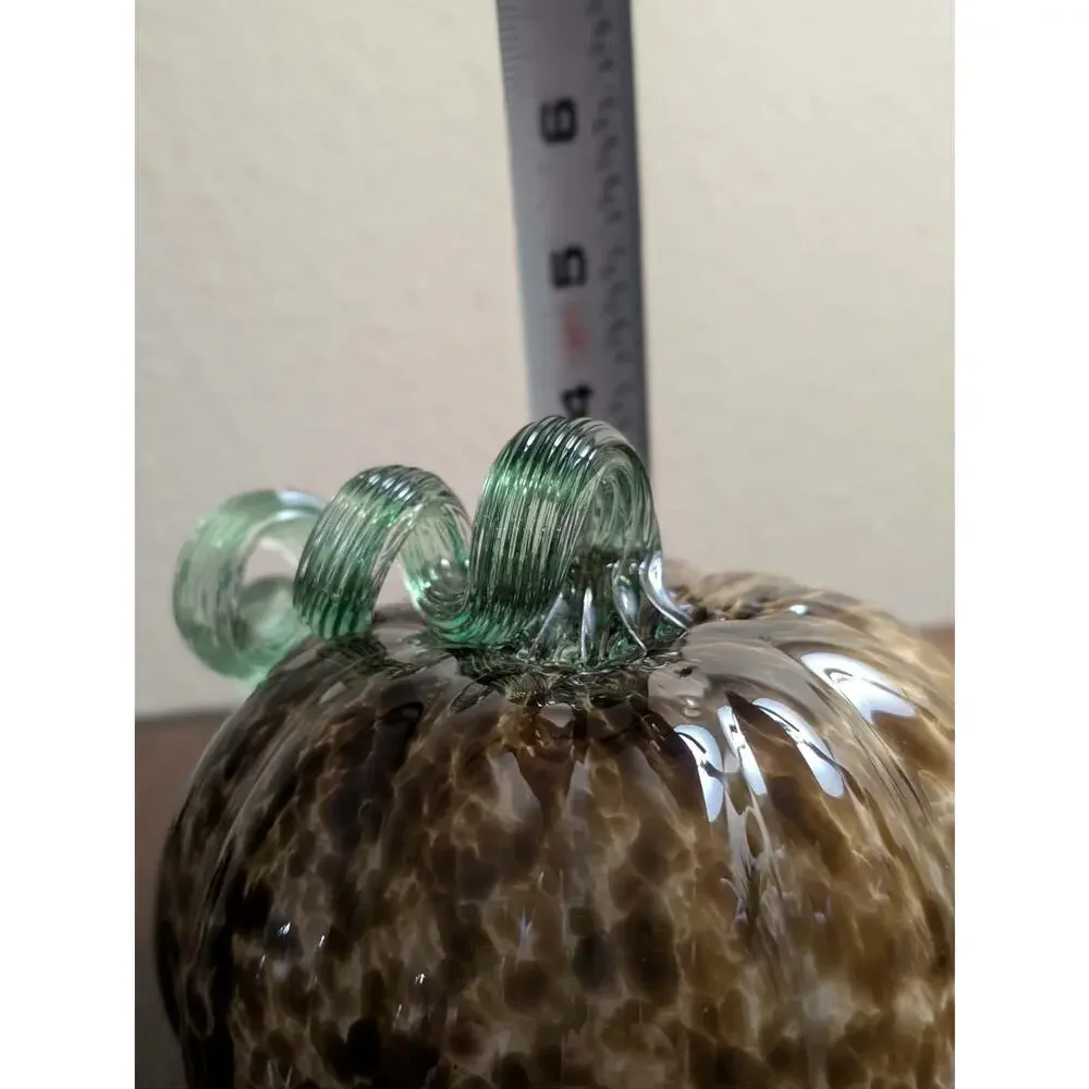 Hand Blown Art Glass Pumpkin Twist Stem Green Brown Thanksgiving Fall Decor